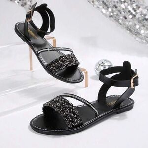 SHEIN Black Glitter Strap Sandals